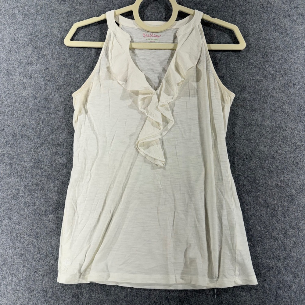 Lilly Pulitzer Womens Pima Cotton Ruffle V-Neck Tank Top Cream Small
